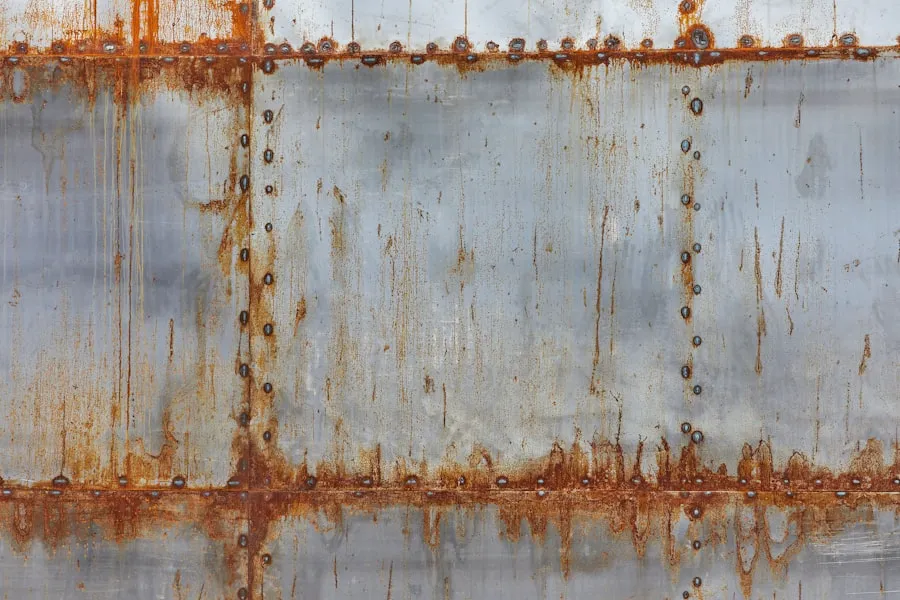 A rusted, riveted iron panel