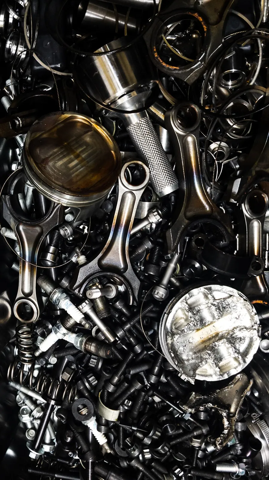 A bin of loose aluminium engine and machine parts